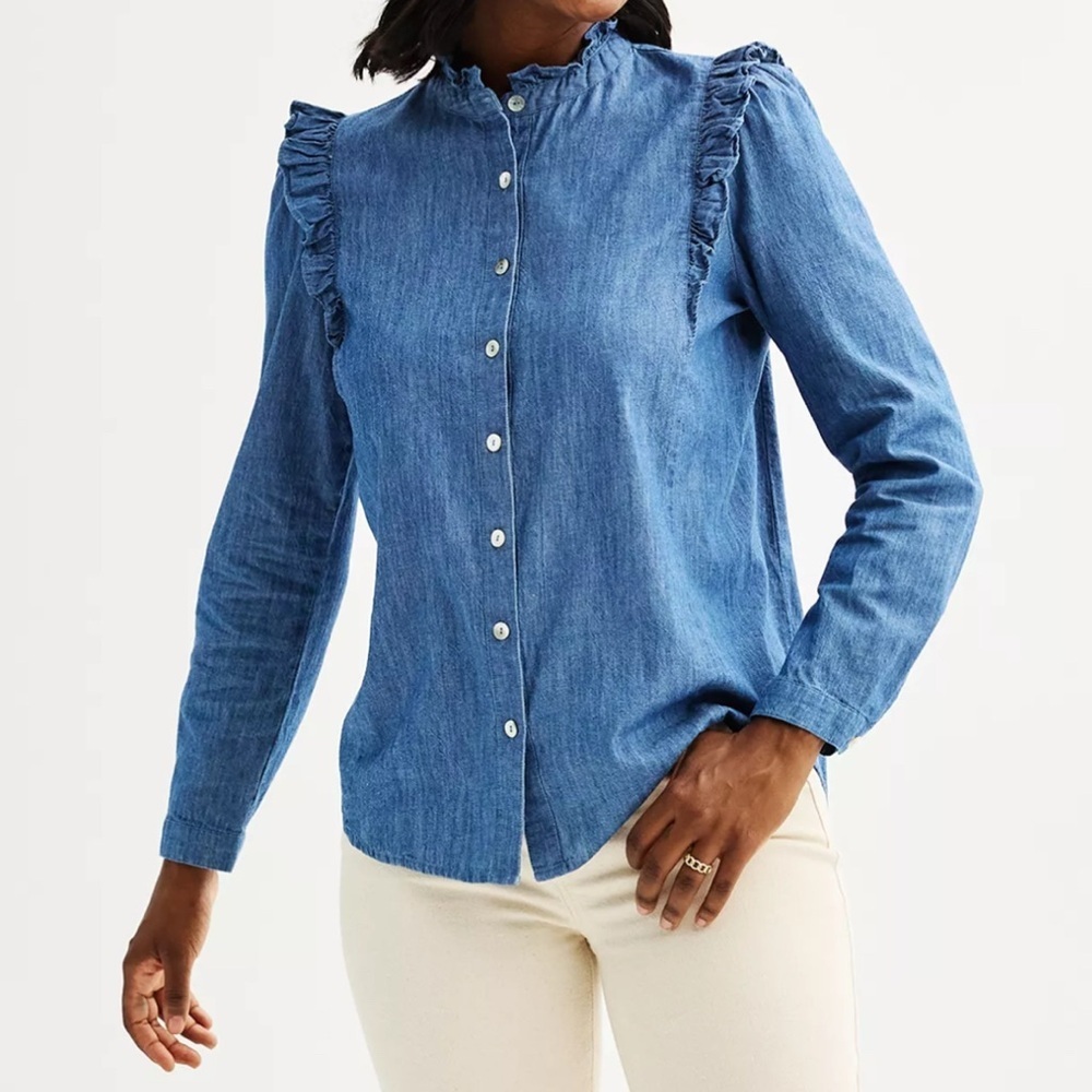 Draper James Femme Ruffled chambray button down Long Sleeve Blouse Size‎ Small